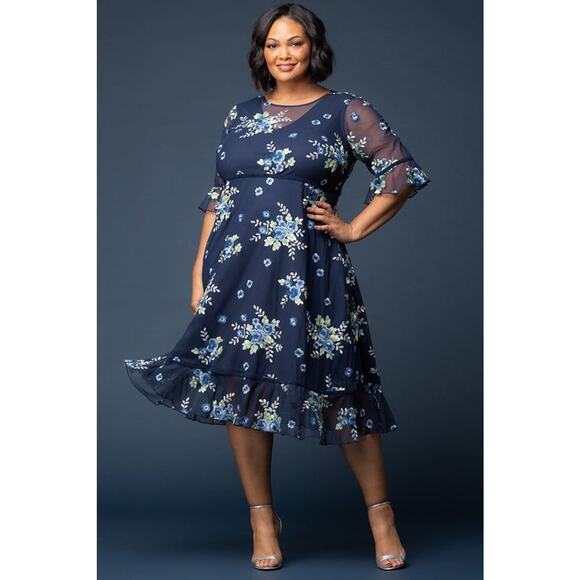 Kiyonna Dress Wildflower Style 1X Embroidered Flowers Velvet Trim Blue Feminine Kiyonna Dress Wildflower Style 1X Embroidered Flowers Velvet Trim Blue Feminine